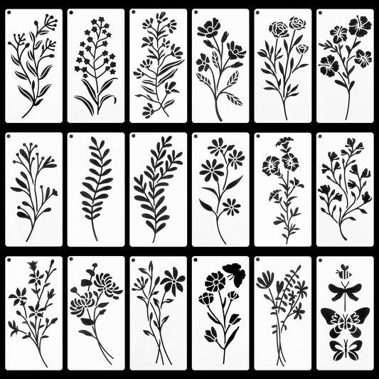 18 Sheet Flower Stencils for Painting on Wood, Reusable Flower Crafting Drawing Templates, Wildflower Large Floral Stencils for Walls Wood DIY Crafts Home Decor Furniture Art