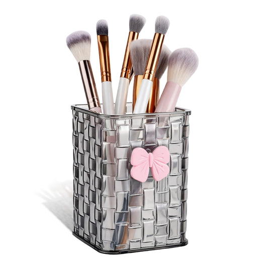 Artistic Acrylic Pen Holder Cute, Black Transparent Makeup Brush Holders with Woven Texture and a Pink Bow, Clear Stylish Pencil Holder for Desk, Clear Pencil Organizer Pen Caddy for Desk Accessories
