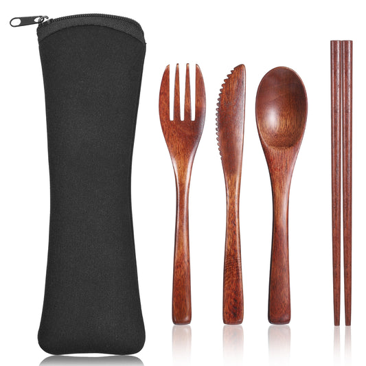 Reusable Wooden Cutlery Set with Case, 4 PCS Portable Wooden Travel Utensils - Spoon Fork Knife Chopsticks for Eating, Sturdy Wood Flatware Set Eating Utensils Sets for Work, Travel, and Camping