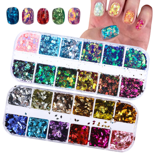 2 PCS Chameleon Holographic Glitter Mermaid Nail Art Sequins Nail Art Foil Flakes Irregular Mica Seashell Nail Art Nail Flakes Laser Nail Sequins for Women Girls Manicure Charms Decorations