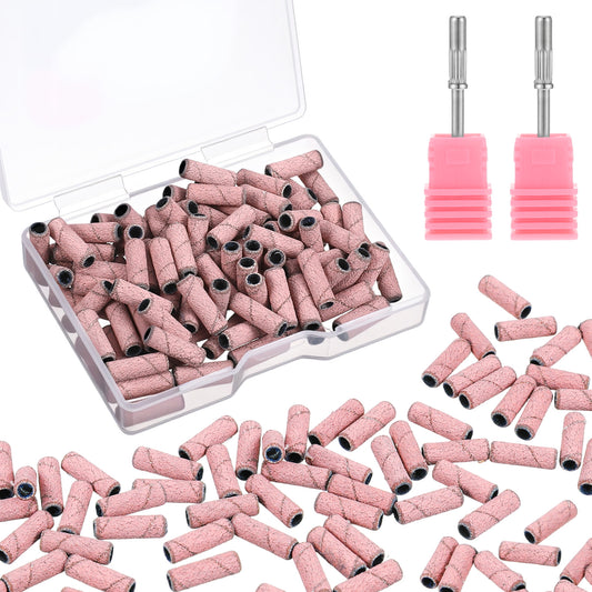Sanding Bands Nail Drill Bits, 100 Pcs 240 Extreme Fine Grit Small Nail File Sanding Bands with 3.1mm Mandrel Bit for Natural Nails Cuticles Acrylic Nails Manicures and Pedicures (Pink)