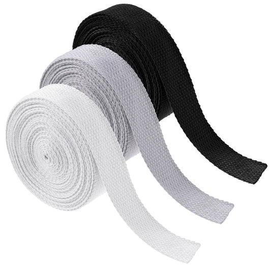 3 Rolls Cotton Webbing 1 Inch 15 Yards Cotton Webbing Straps Cotton Webbing Ribbon for Arts and Crafts Tote Bags Making Sewing Home Wrapping Black, White, Natural Color