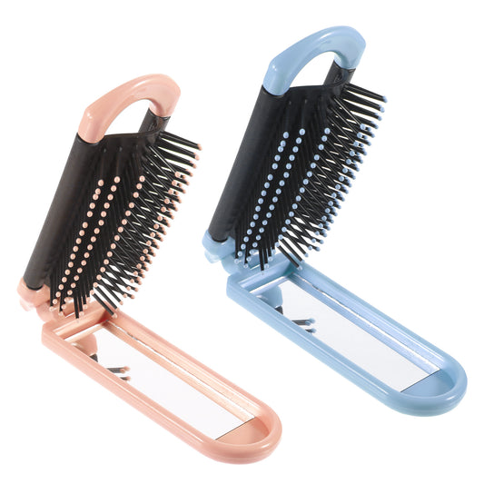Foldable Hair Brush with Mirror, 2 Pcs Portable Travel Hairbrush Pocket Size Anti-Static Compact Hair Brush Small Nylon Bristles Massage Comb for Women Home Travel Gym Purse (Pink, Blue)