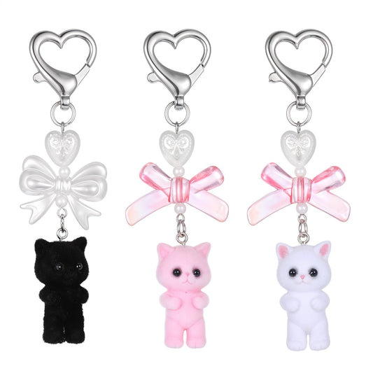 KALIONE 3 Pcs Fuzzy Cat Keychain - Cute Kitty Keychains, Y2K Heart Bow Pendant for Women, Delicate Kitty Keychains Decor for Backpack, Purse, Phone