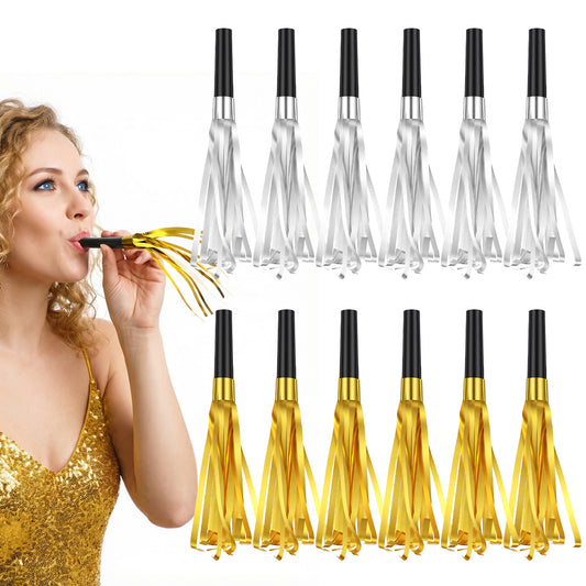 Party Noise Makers, 12PCS Gold Noise Makers Partys Favors, Metallic Fringed Party Blowers Noises Maker Noises Whistles with Gold Glitter Fringed for Birthday Sporting Events Partys Favors