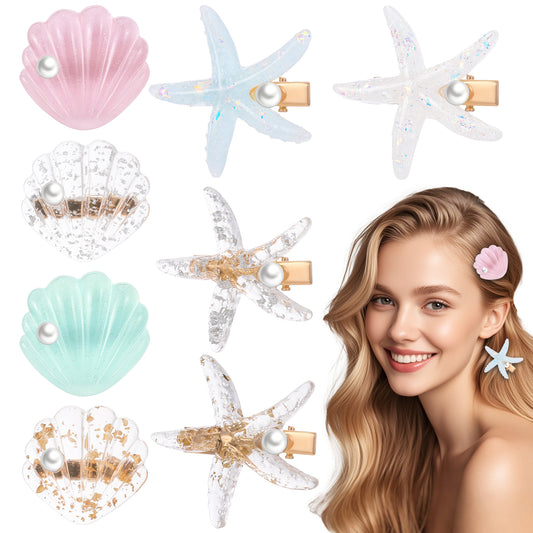 8pcs Starfish Hair Clip, Shell Pearl Starfish Hair Clip Set, Resin Artificial Mermaid Costume Hairpin, Mermaid Hair Accessories for Women Girls, Beach Seashell Hair Clips Headwear Styling Tools