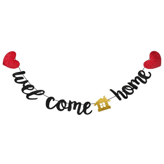 Black Welcome Home Banner Pre-Strung Welcome Home Decorations Glitter Homecoming Party Sign Decorstheme Party Supplies for Military Army Family Gathering Graduation Ceremony