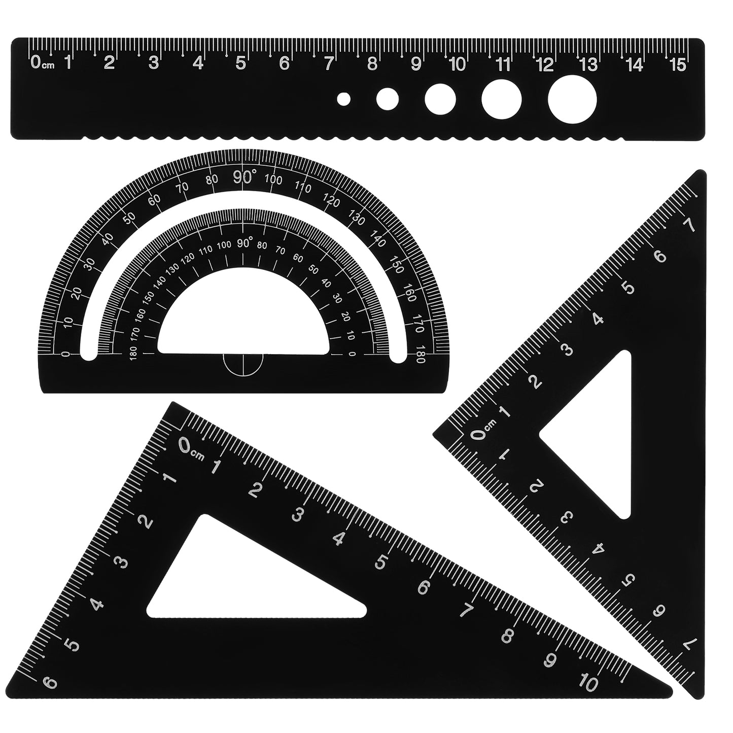 Triangular Ruler Set, Aluminum Alloy Geometry Set, 4pcs Protractor Drafting Ruler, Metal Geometric Protractor Measuring Tool for Student School Home Office Draftsman Engineers(Black)