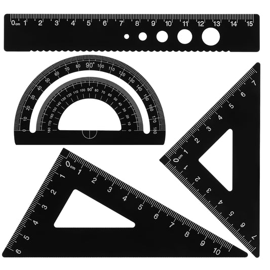 Triangular Ruler Set, Aluminum Alloy Geometry Set, 4pcs Protractor Drafting Ruler, Metal Geometric Protractor Measuring Tool for Student School Home Office Draftsman Engineers(Black)