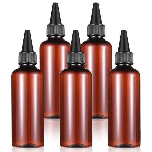 Xthrotsenk 5 Pack Hair Color Applicator Bottles for Hair, Amber Refillable Squeeze Bottles 3.5 Ounce Oil Bottles for Hair Dye Bottle with Cap, Brown Hair Oiling Bottle