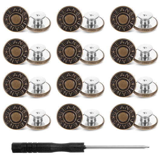 Jeans Buttons Replacement, 12 Sets Adjustable Buttons for Jeans No Sew Instant Loose Jeans Buttons 17mm Pants Button Tightener Removable Metal Buttons Repair Kit with Threads Rivets and Screwdriver