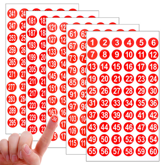 Self Adhesive Number Stickers 1-300, 1800 Pcs 0.4 Inch Small Round Consecutive Number Stickers Labels, Removable Inventory Sticker Decals for Office Storage Bins Organization Indoor Outdoor Use (Red)