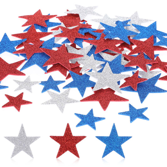 200 Pcs Glitter Foam Star Stickers Patriotic Decoration Self Adhesive Star Shape Glitter Foam Sticker Star Shaped Wall Stickers for Arts Craft Supplies Greeting Cards Homemade Crafts Red Blue Silver