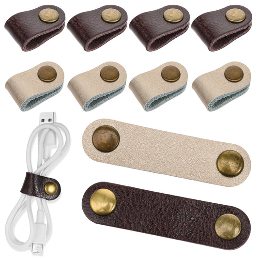 10 PCS Leather Cord Organizer Straps, Leather Cable Straps, Earphone Cord Holder, Snap Cord Holder for Earphone Wrap, Cable Straps, Headset