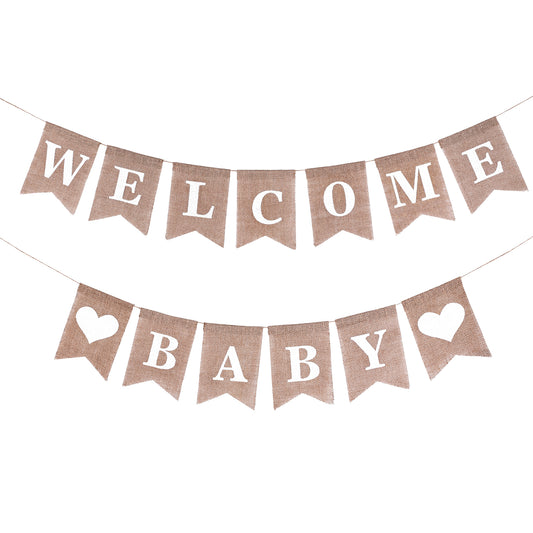 Welcome Baby Burlap Banner, Welcome Baby Sign, Burlap Welcome Baby Banner, Baby Shower Decoration Banner, Vintage Baby Shower Banner for Baby Shower Decorations and Gender Reveal Party