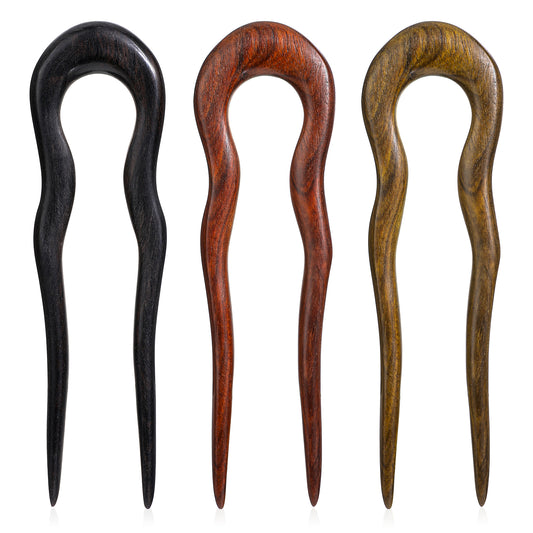 3 Pack Wooden Hair Sticks for Women, U Shaped Hair Fork, French U Shaped Hairpin with Two Prongs Hair Clips, U Shape Hair Forks for Long Hair, Frosted French Hair Pin, Vintage Matte Hair Pins