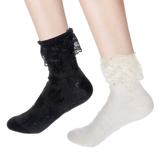Exircy 2 Pairs Lace Ruffle Socks for Women Cotton Ankle Socks Cute Ankle Dress Lace Sock Comfortable Frilly Sock for Women (Black, White)