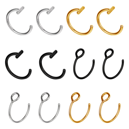 Psyqtsuary Fake Lip Piercing, 12 Pcs 8mm Stainless Steel Fake Lip Ring Clip on Nose Ring Faux Nose Piercing for Women Men (Gold, Silver, Black)