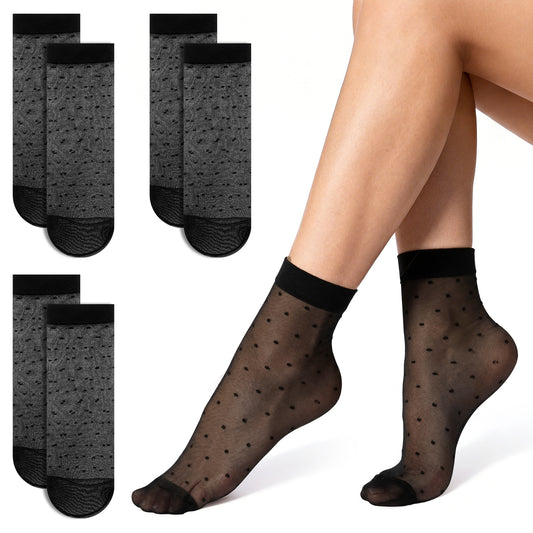 FdcLixuvol 3 Pairs Women Sheer Ankle Socks, Black Polka Dot Short Stockings with Dots Patterns, Nylon Mesh Lace Breathable See Through Reinforced Toe Dress Socks for Summer Casual Elegant Wear