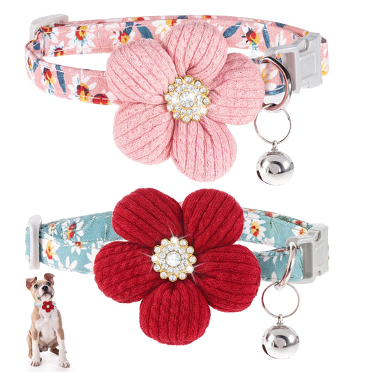 2 Pieces Pet Collar with Flower Breakaway Cats Collars with Bell Small Soft Dog Adjustable Collars Adjustable Safety Collar for Small Pets (Pink + Wine Red)