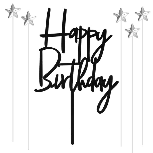 Rose Gold Black Silver Glittery Happy Birthday Cake Topper, Silver Cake Decoration Silver Cake Topper, Happy Birthday Cake Topper, Stars Heart Cake Topper(Black Acrylic)