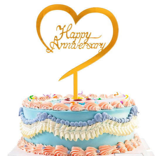 Happy Anniversary Cake Topper, Acrylic Anniversary Decorations Happy Party Cupcake Decorations for Women Men Birthday Wedding Party Celebrations Cake Topper Supplies, Gold