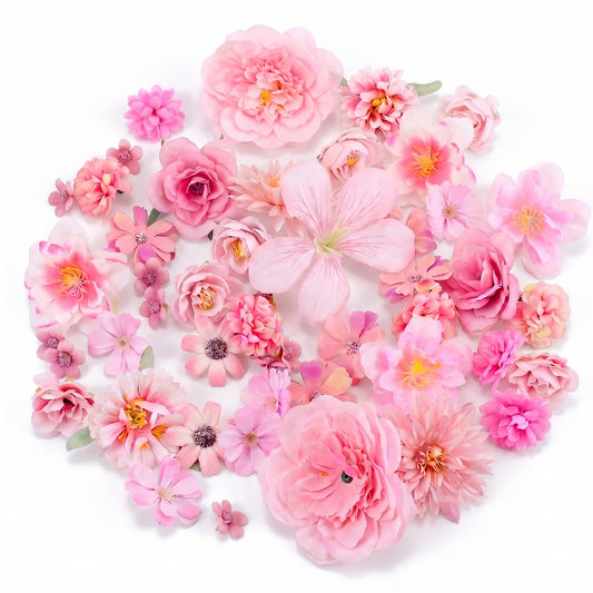 Faux Flower Heads, 48PCS Mini Flowers for Crafts Pink Artificial Flower Head Small Fabric Flowers Silk Fake Peony Daisy Rose Wildflower Heads for DIY Cake Wedding Baby Shower Birthday Party Decoration