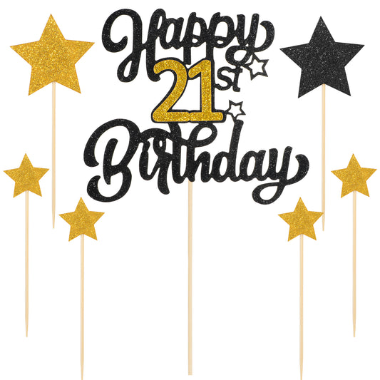 Happy 21st Birthday Cake Topper 21st Happy Birthday Cake Topper Black Gold Glitter Cheers to 21 Years Birthday Cake Pick 21st Anniversary Cake Topper for Birthday Party