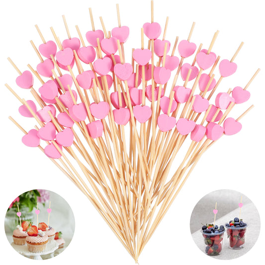 Pink Heart Toothpicks, 100 Pcs 4.7 Inch Cocktail Picks Valentine Toothpicks Bamboo Long Heart Food Picks Cocktail Sticks Skewers for Appetizers Valentines Day Birthday Party Wedding Decorations