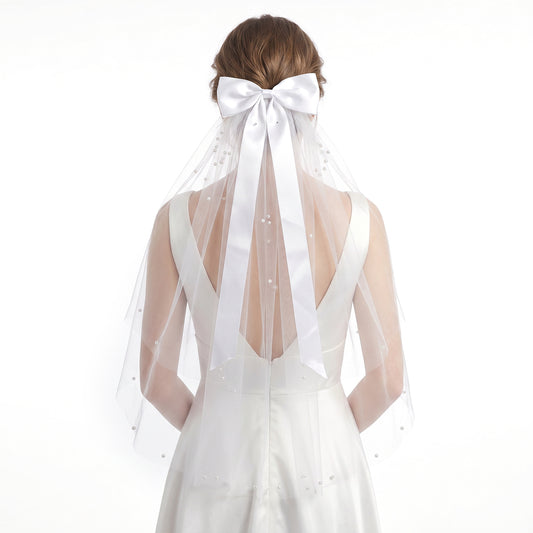 Bridal Bow Veil, Short Veils for Brides White Bachelorette Veil Wedding Veils for Brides Bride Veiles With Bow and Pearls - Elegant Tulle Comb Hold Engagement Favors for Bride and Women