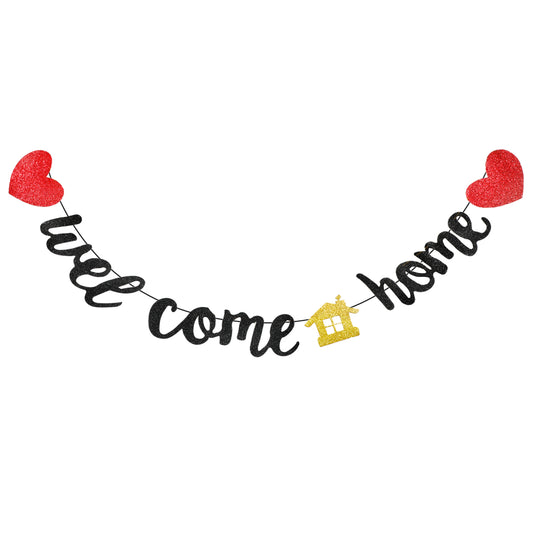Pre-Strung Welcome Home Banner Black Glitter Home Party Sign, Welcome Back Party Decorations Banner Family Theme Parties Supplies For Homecoming Returning
