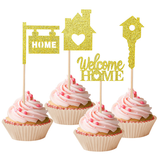 24PCS Sweet Home Cupcake Toppers Gold Glitter key Housewarming Cupcake Picks New Home Theme Party Cake Decorations Supplies Party Housewarming Cake Decorations for Welcome New Home Theme Party