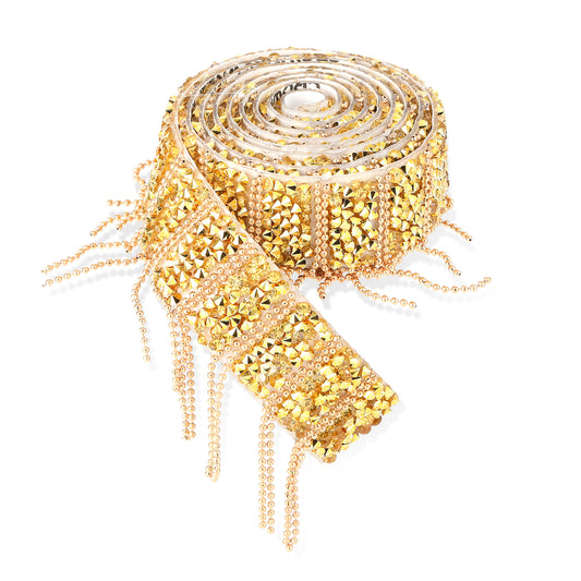 Gold Rhinestone Ribbon Self Adhesive Crystal Rhinestone Ribbon Stickers Sparkling Resin Diamond Ribbon Bling Diamond Sticker Shiny Ribbon Glittery Strips for Crafts DIY Party Decoration (1 Yard)