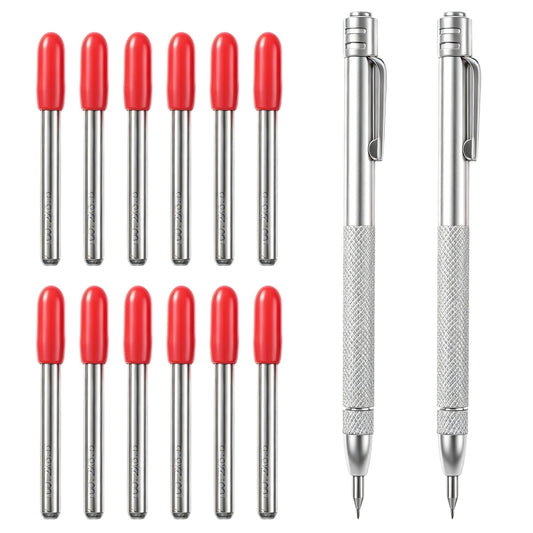 FdcZeyxior 2 Pack Tungsten Carbide Tip Scriber, Metal Scribe Tool with 12 Replacement Marking Tips Etching Pen With Clip Metal Engraving Pen for Glass Ceramics Hardened Steel MetalSheet