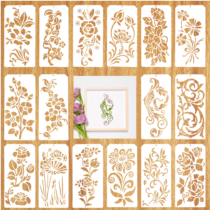 16Pcs Flower Border Stencil Leaf Painting Stencils Floral Leaf Wall Stencil Botanical, Reusable DIY Art and Craft Drawing Cake Decorating Templates Stencils for Crafts, Wood, Canvas Paper, Fabric