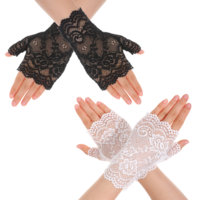 2 Pairs White + Black Fingerless Lace Gloves, Elegant Short Goth Gloves