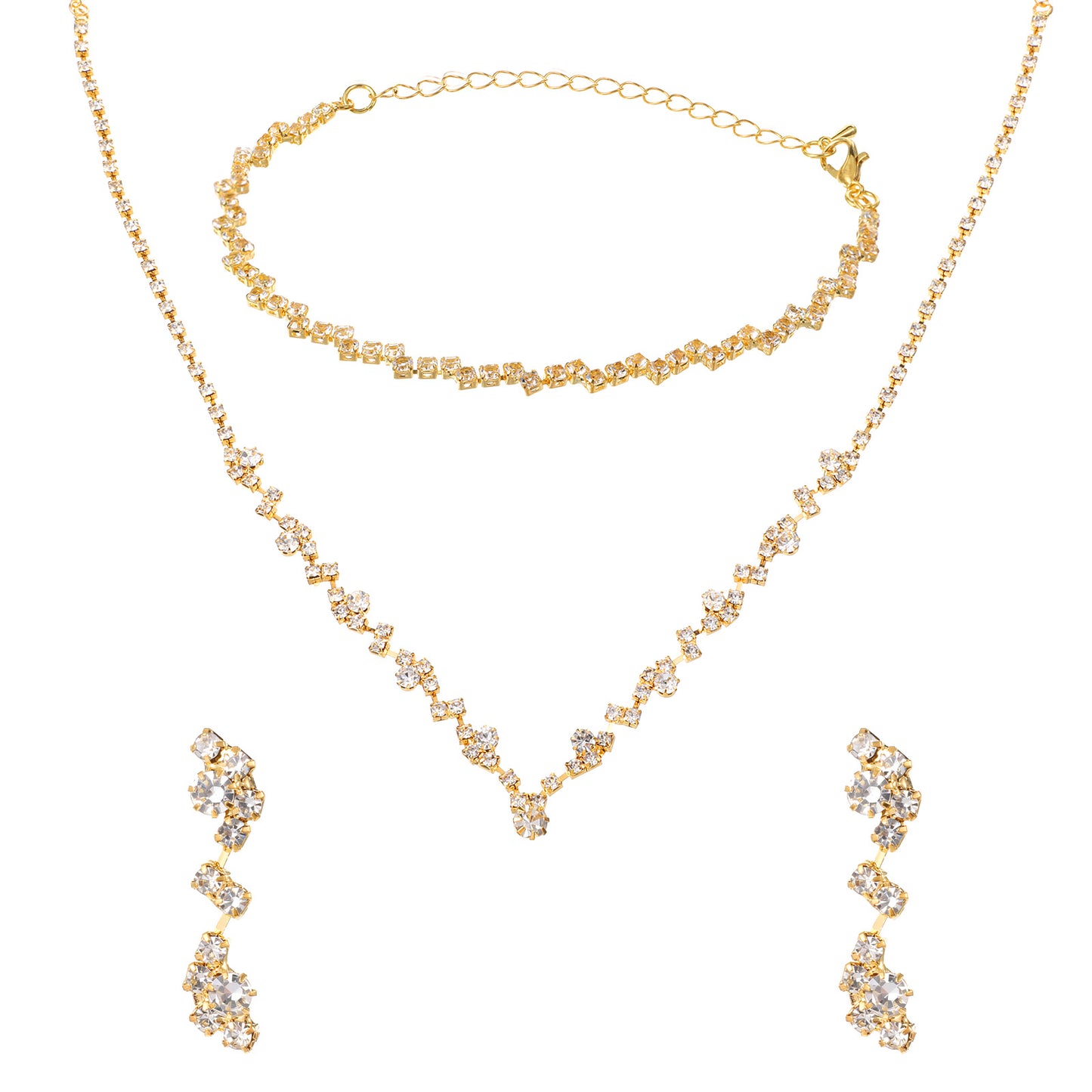 FdcLixuvol Gold Necklaces Bracelets Earring Set Sparkly Rhinestone Crystal Prom Accessories Non Tarnish Formal Elegant Pendant Stud Bridal Wedding Jewelry Set Bridesmaid Costume for Women