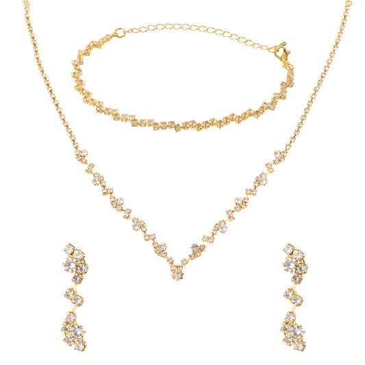 FdcLixuvol Gold Necklaces Bracelets Earring Set Sparkly Rhinestone Crystal Prom Accessories Non Tarnish Formal Elegant Pendant Stud Bridal Wedding Jewelry Set Bridesmaid Costume for Women