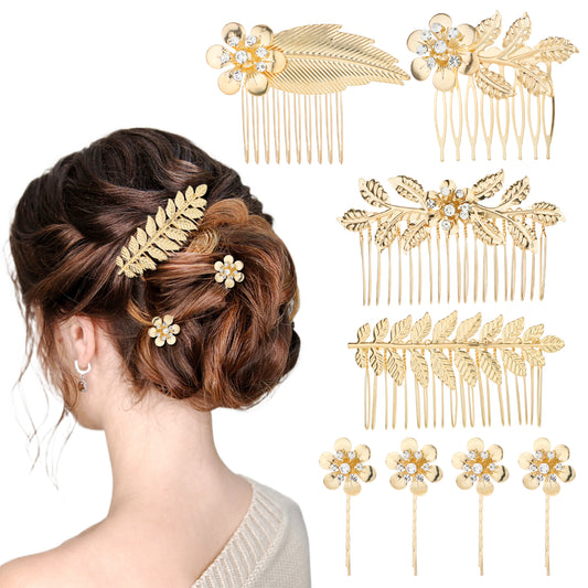 8 Pieces Gold Hair Accessories for Women Wedding, Bridal Hair Comb Leaf Hair Accessories Flower Wedding Hair Comb Gold Hair Piece Flower Hair Clips Decorative for Women, Girls, Bridesmaid, Bride