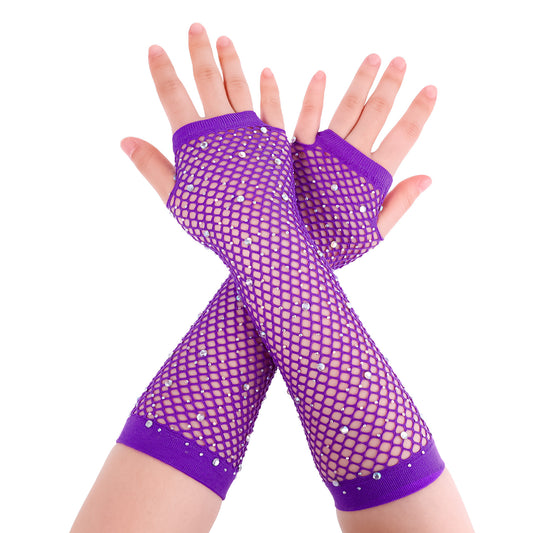 InnoHHustle 2 PCS Fishnet Rhinestone Fingerless Gloves Long Elastic Fingerless Net Mesh Gloves Purple Fishnet Glove 80s Arm Sleeves for Women's Costume Accessories Fancy Dress Party Costume
