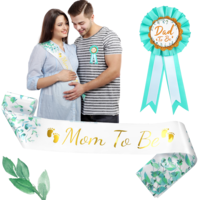 2 PCS Sage Green Mom to Be Sash & Dad to Be Badge Pin, Neutral Gold Glitter Letters Greenery Satin with Badge for Pregnant Mommy Gift Photo Props Party Decorations