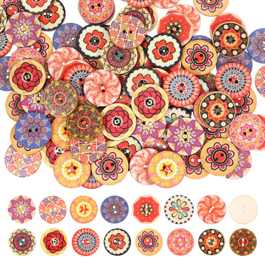200PCS 3/4" Mixed Vintage Flower Wooden Buttons 2 Holes Sewing Random Flower Painting Buttons Bulk Assorted Colors Natural Wood Button for Crafts Sewing, Shirt, Clothing Replacement