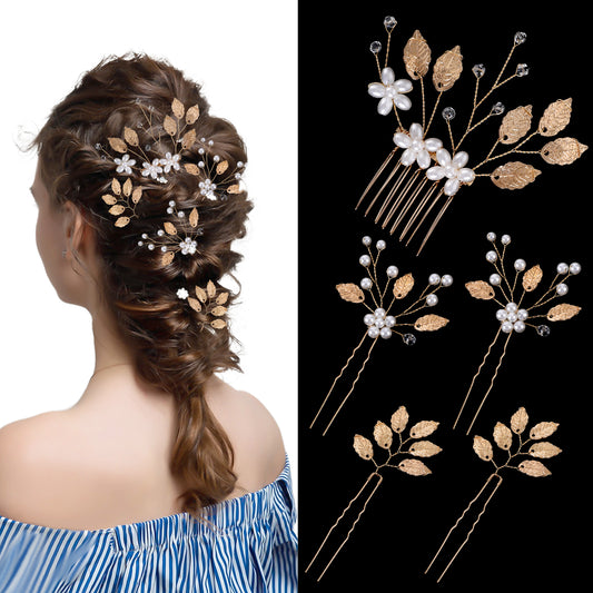 5 Pcs Gold Leaf Crystal Pearl Hair Pins Clips Leaf Bride Wedding Hair Comb Bridal Wedding Hair Accessories Bridal Hair Accessories Hair Side Combs for Women Rose Gold Hair Clip