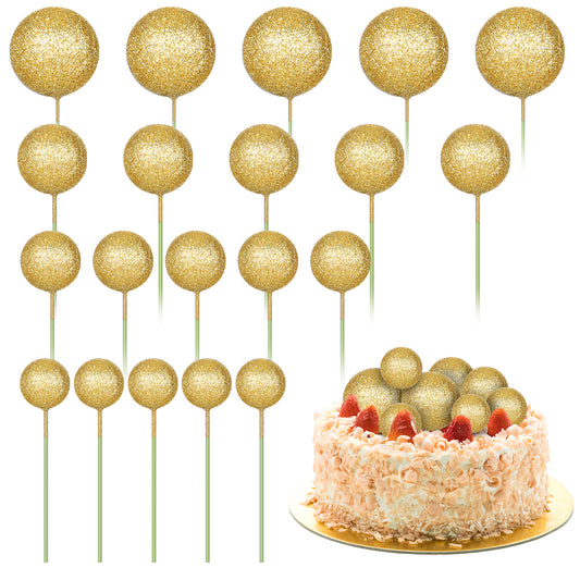 20 Pcs Gold Balls Cake Topper 4 Size Christmas Balls Cake Decoration Glitter Gold Mini Bubble Balls Cake Picks Cake Foam Ball for DIY Decoration Wedding Baby Shower Birthday Christmas Party