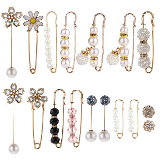 17 Pieces Pearl Brooch Pins, Sweater Shawl Clips, Faux Pearl Rhinestones Brooch, Pant Waist Tightener Safety Pin, Artificial Pearls Brooch for Women Dresses, Shoe, Pant Decoration Accessories
