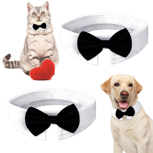2 PCS Cute Tuxedo Bowtie with Adjustable White Collar Dog Bow Tie, Adjustable White Dog Tuxedo Collar with Black Dog Neck Bow Tie, Cat Bow Tie Tux Collar Costume for Boy Dog Wedding Formal Tuxedo Suit