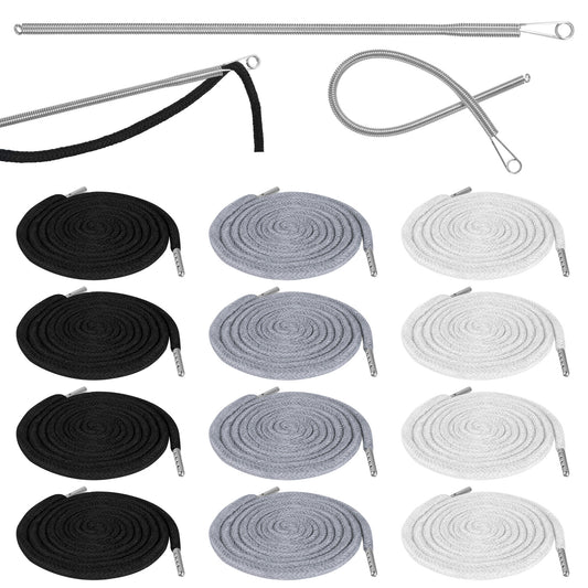 12 Pcs Drawstring Cord 51 Inch Replacement Drawstring with Easy Threader Tool Drawstring Cords Hoodie Hood Cord for Sweatpants Hoodie Jackets Coats Trunks (White, Black, Gray)