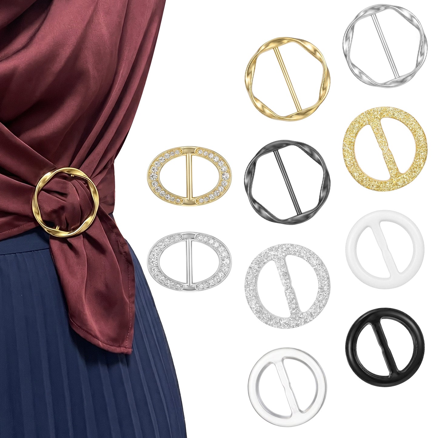 Gtziqa 10 PCS Silk Scarf Rings for Women, Circle T-Shirt Ties Clips