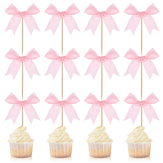 12 Pcs Pink Bow Cupcake Toppers, Pink Cake Topper, Pink Bow Cake Topper, Bowknot Party Supplies for Birthday, Bow Princess Cake Topper for Girl Birthday Wedding Party Supplies