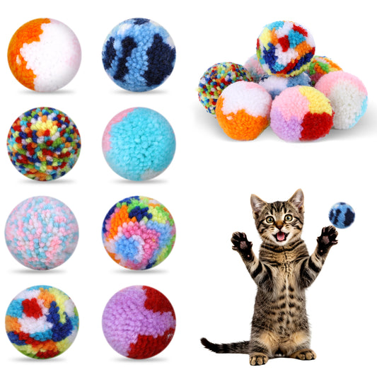 Bruislard 8 Pcs Woolen Yarn Cat Ball Toys Assorted Color Soft Fuzzy Pom Pom Balls Interactive Cat Chasing Toys for Indoor Cats Kittens
